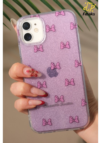 Apple iPhone 11 Uyumlu Kılıf Mor Simli Fiyonk Desenli Renkli Parlak Darbe Emici Kapak