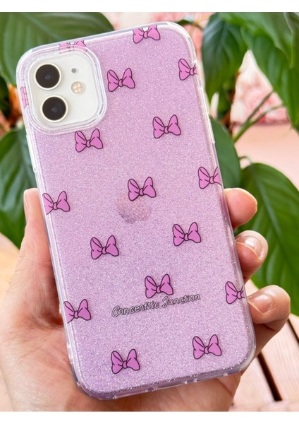 Apple iPhone 11 Uyumlu Kılıf Mor Simli Fiyonk Desenli Renkli Parlak Darbe Emici Kapak modelleri