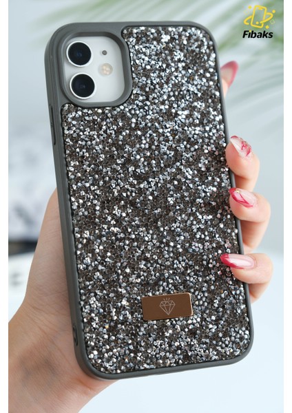 Apple iPhone 11 Uyumlu Kılıf Elmas Tasarımlı Gri Taşlı Işıltılı Pırlanta Silikon Kapak