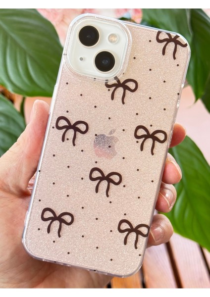 Apple iPhone 13/14 Uyumlu Kılıf Simli Siyah Fiyonk Desenli Renkli Parlak Darbe Emici Kapak fırsatları