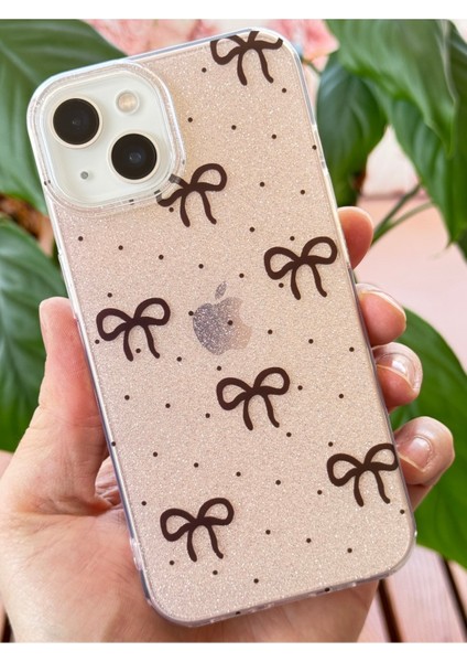 Apple iPhone 13/14 Uyumlu Kılıf Simli Siyah Fiyonk Desenli Renkli Parlak Darbe Emici Kapak