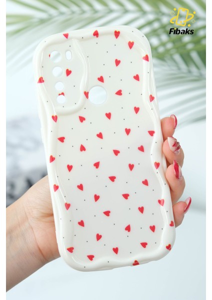 Xiaomi Redmi Note 8 Kılıf Kamera Korumalı Dalga Kenarlı Kırmızı Kalp Desenli Silikon Kapak