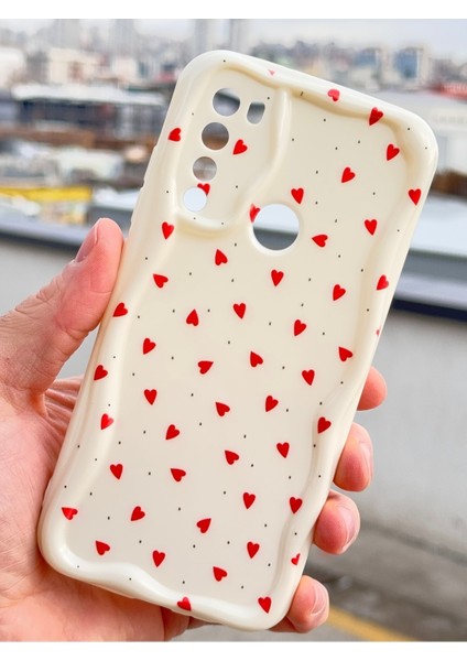 Xiaomi Redmi Note 8 Kılıf Kamera Korumalı Dalga Kenarlı Kırmızı Kalp Desenli Silikon Kapak
