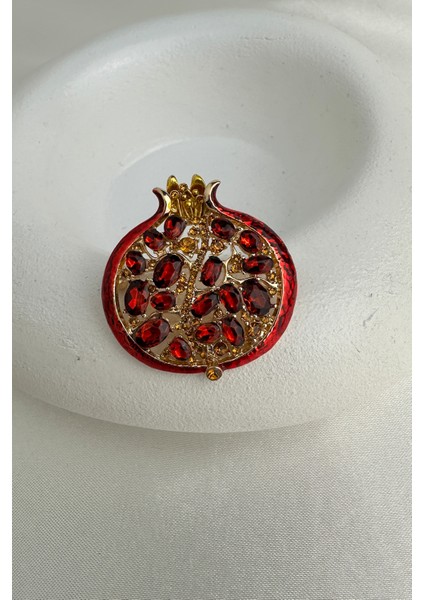 Altın Sarısı Kırmızı Taş Detay Nar Broş (3cm) fırsatları