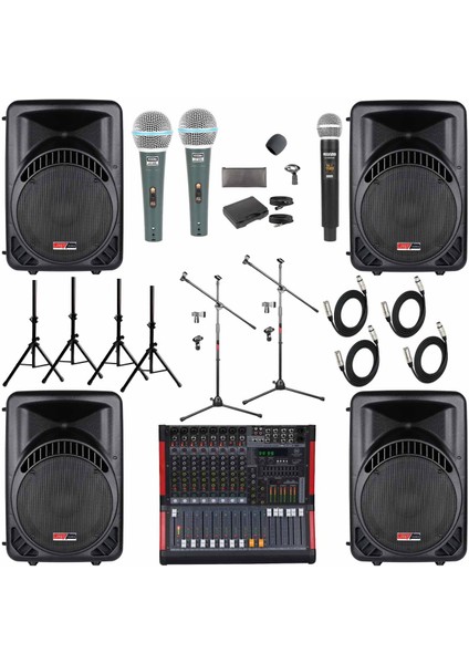 Ample Classy-Paket-4 Aktif Hoparlör ve Mixer Full Ses sistemi seti
