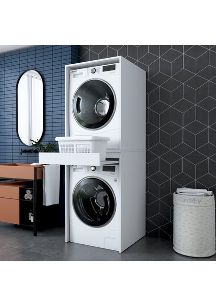 KD113 Çamaşır ve Kurutma Makinesi Dolabı Çekmeceli Banyo Dolabı Beyaz
