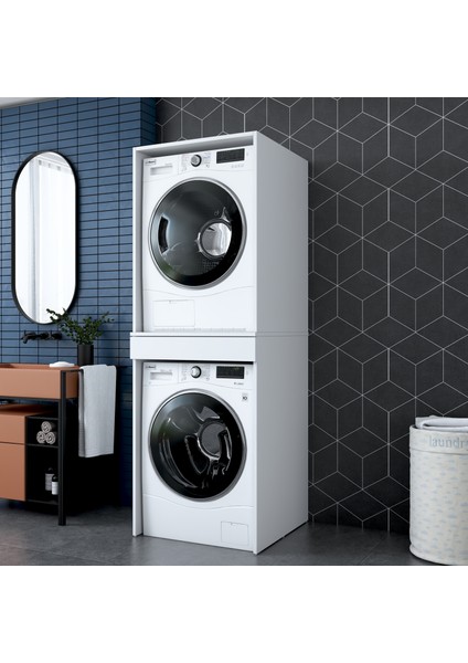 KD113 Çamaşır ve Kurutma Makinesi Dolabı Çekmeceli Banyo Dolabı Beyaz fırsatları