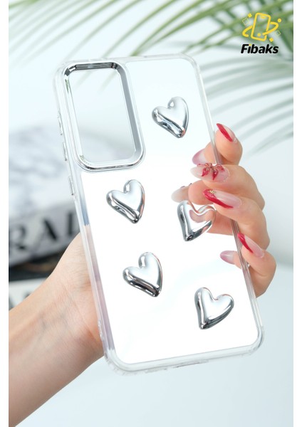 Samsung Galaxy S24 Fe Uyumlu Kılıf Aynalı Gümüş 3D Kalp Desenli Darbe Emici Silikon Kapak
