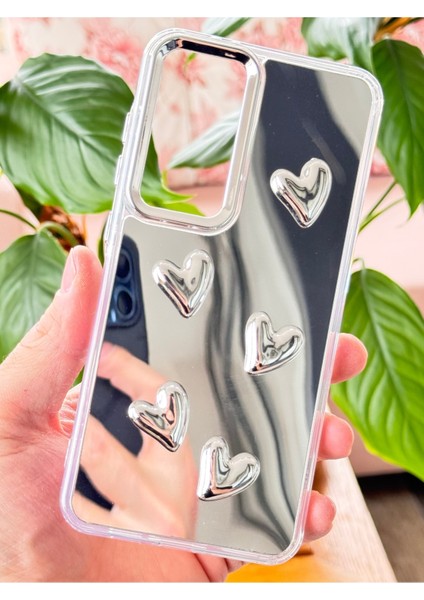 Samsung Galaxy S24 Fe Uyumlu Kılıf Aynalı Gümüş 3D Kalp Desenli Darbe Emici Silikon Kapak fiyatları