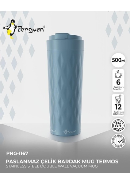 PNG-1167 500ml Flip Kapak Desenli Çelik Mug | 6 Saat Sıcak 12 Saat Soğuk | Sızdırmaz & BPA Free