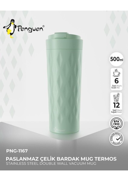 PNG-1167 500ml Flip Kapak Desenli Çelik Mug | 6 Saat Sıcak 12 Saat Soğuk | Sızdırmaz & BPA Free