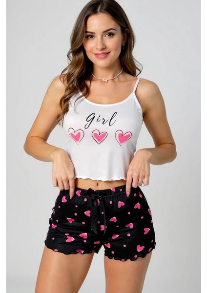 Kalp Desenli Askılı Şortlu Pijama Takımı modelleri