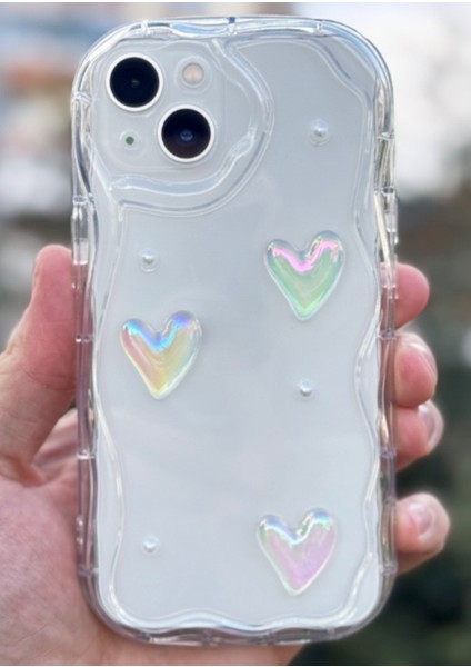 Apple iPhone 14 Plus Kılıf 3D Kalpli Inci Tasarımlı Desenli Kamera Korumalı Şeffaf Silikon Kapak
