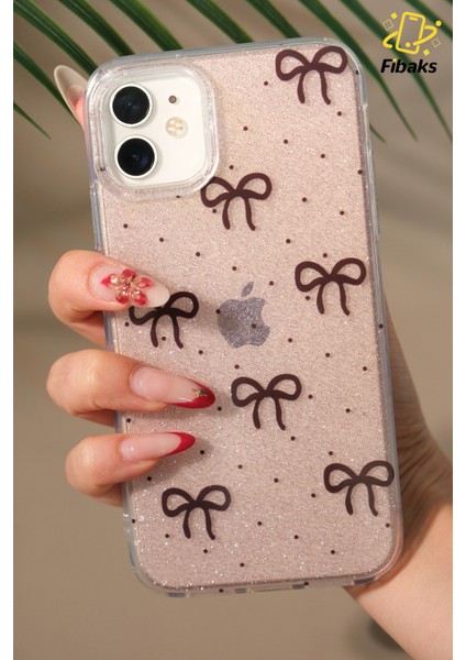 Apple iPhone 12/12 Pro Uyumlu Kılıf Simli Siyah Fiyonk Desenli Renkli Parlak Darbe Emici Kapak