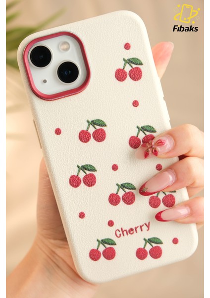 Apple iPhone 13 - 14 - 15 Kılıf Renkli Kamera Çıkıntılı Kırmızı Kiraz Desenli Silikon Koruyucu Kapak