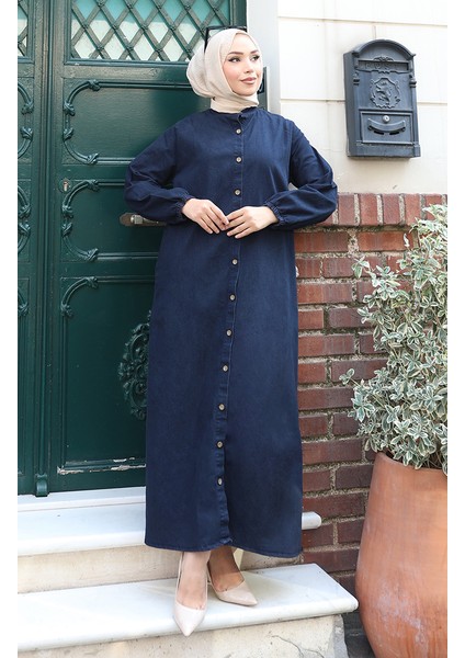 Boydan Düğmeli Kot Elbise 0145-01 Koyu Lacivert