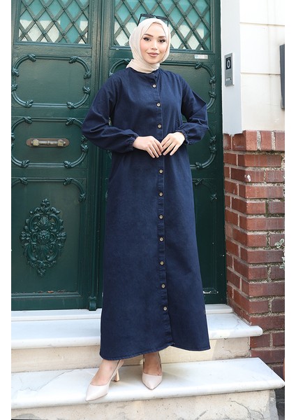 Boydan Düğmeli Kot Elbise 0145-01 Koyu Lacivert fiyatları