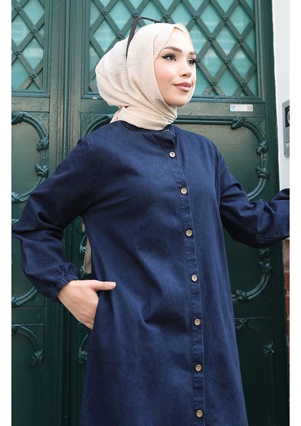 Boydan Düğmeli Kot Elbise 0145-01 Koyu Lacivert fırsatları