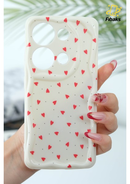Poco M6 Pro 4g Kılıf Kamera Korumalı Dalga Kenarlı Kırmızı Kalp Desenli Silikon Kapak