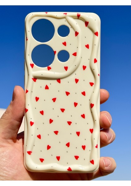 Poco M6 Pro 4g Kılıf Kamera Korumalı Dalga Kenarlı Kırmızı Kalp Desenli Silikon Kapak