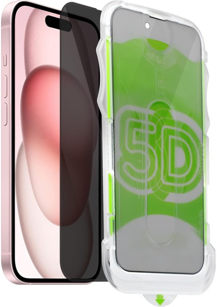 Apple iPhone 15 Plus/16 Plus Kolay Uygulama Aparatlı Siyah Çerçeveli Tam Kapatan Hayalet Cam Ekran Koruyucu