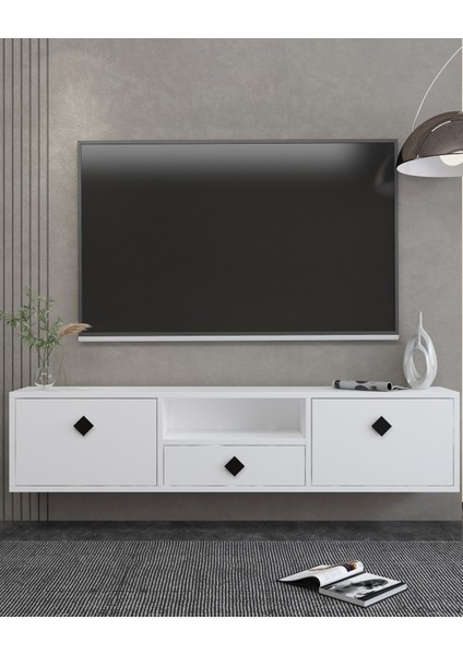 1305DROPDD-1 Duvara Montaj Tv Sehpası Beyaz-Siyah Kulp