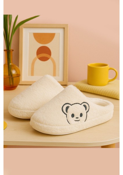 Fluffy Ayıcık Desenli Kadın Ev Terliği Kışlık Yünlü Terlik Ses Yapmayan Içi Yünlü Günlük Rahat Terlik
