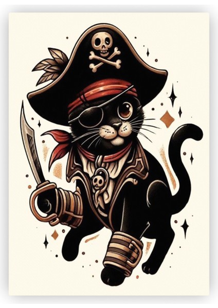 Tek Gözlü Korsan Kedi İllüstrasyon Ahşap Poster 20 x 29 cm