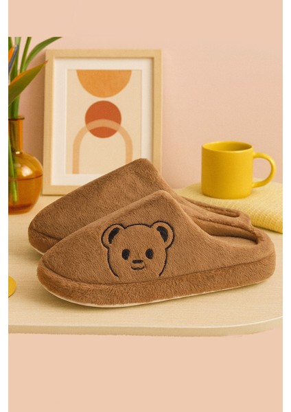 Fluffy Ayıcık Desenli Kadın Ev Terliği Kışlık Yünlü Terlik Ses Yapmayan Içi Yünlü Günlük Rahat Terlik