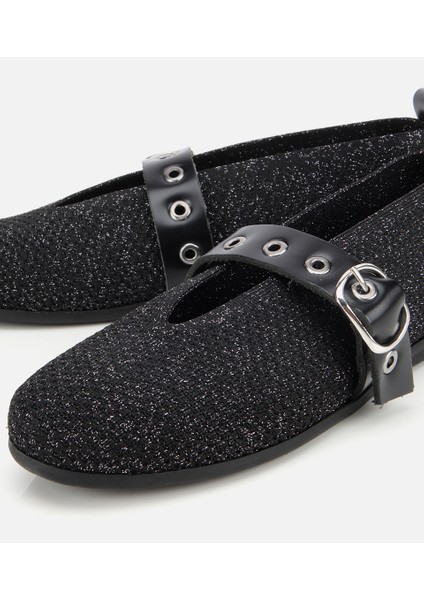 01AYH316560A100 KADIN Siyah Örgü Detaylı Mary Jane Kemerli Babet modelleri