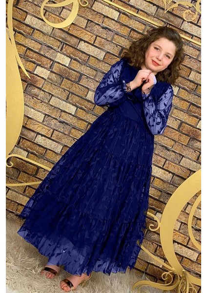 Kız Çocuk Kolları ve Yakası Şeffaf Tüllü ve Yaprak Detaylı Lacivert Elbise fiyatları