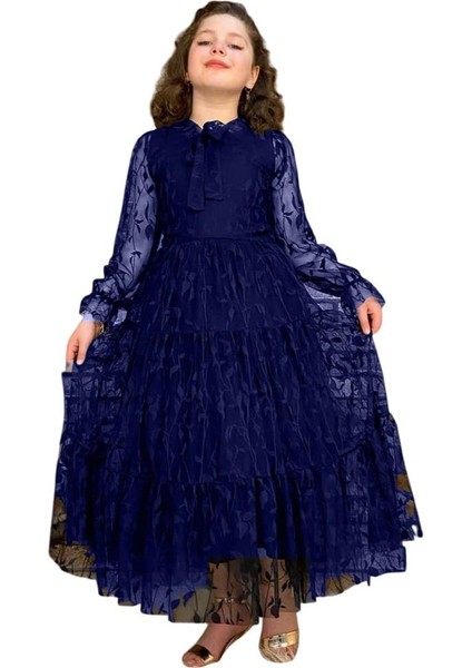 Kız Çocuk Kolları ve Yakası Şeffaf Tüllü ve Yaprak Detaylı Lacivert Elbise fırsatları