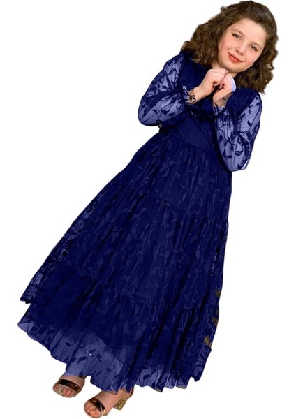 Kız Çocuk Kolları ve Yakası Şeffaf Tüllü ve Yaprak Detaylı Lacivert Elbise indirimleri