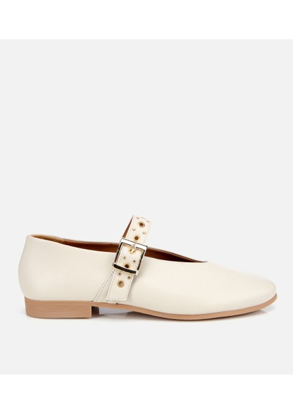 01AYH312440A400 KADIN Deri Ekru Mary Jane Kemerli Babet