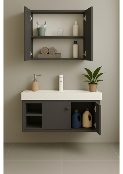 Lumina 85 Cm, Beyaz Renkli, Seramik Lavabolu, Alt - Üst Dolap, Banyo Dolabı Takımı.