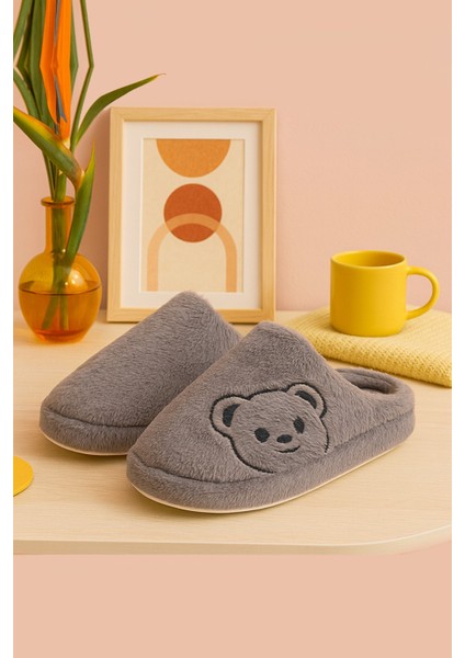Fluffy Ayıcık Desenli Kadın Ev Terliği Kışlık Yünlü Terlik Ses Yapmayan Içi Yünlü Günlük Rahat Terlik
