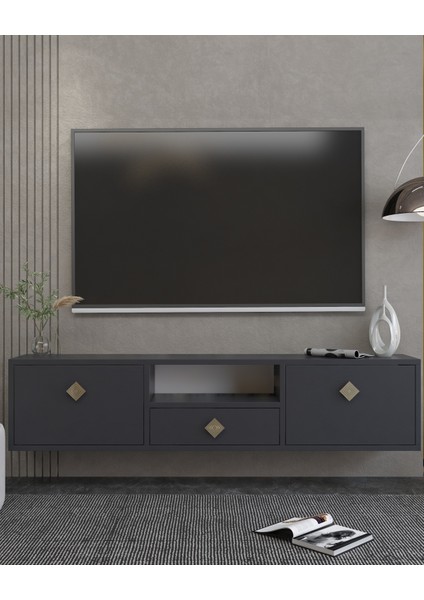 1305DROPDD-1 Duvara Montaj Tv Sehpası Antrasit-Altın Kulp