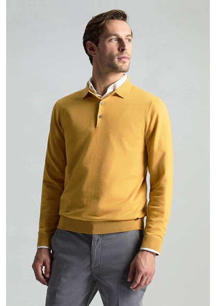 Merino Yünü Polo Yaka Sarı Triko