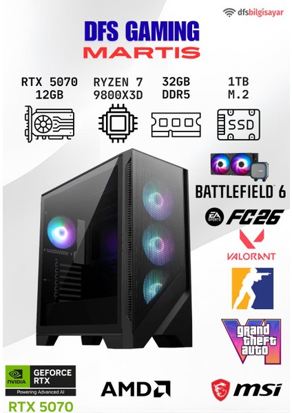 Dfs Gamıng Martıs Ryzen 7 9800X3D-B650M-RTX 5070 12GB-32GB Ddr5 Ram-1tb M.2 Ssd-Oyuncu Bilgisayarı
