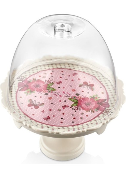 Desenli Ayaklı ve Kapaklı Kek Pasta Servis Tabağı Kek Fanus