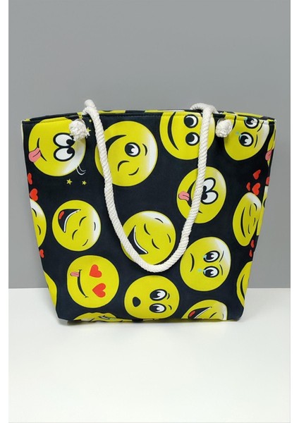 Msa-Shop Emoji Desenli Plaj Çantası-Siyah