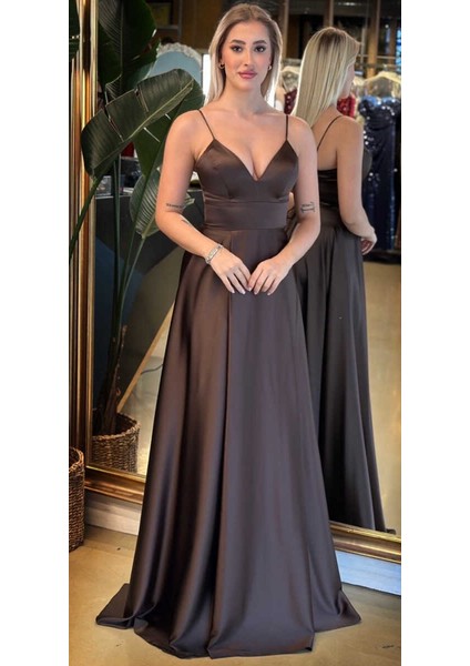 Kahverengi Ip Askılı Sırt Dekolteli Anvelop Yırtmaçlı Kloş Etekli Saten Uzun Abiye Elbise 6777