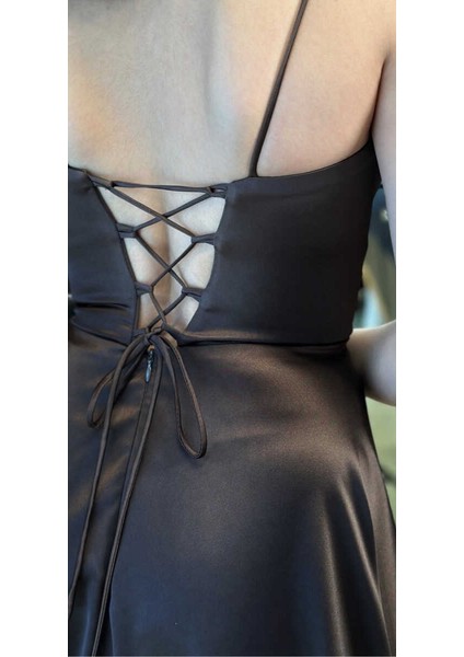 Kahverengi Ip Askılı Sırt Dekolteli Anvelop Yırtmaçlı Kloş Etekli Saten Uzun Abiye Elbise 6777 fırsatları