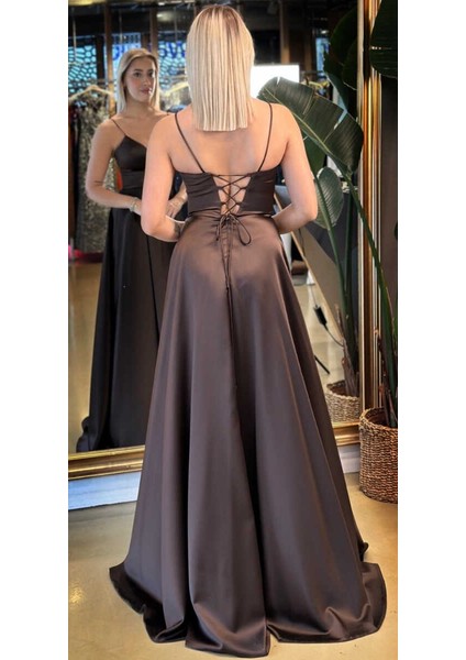 Kahverengi Ip Askılı Sırt Dekolteli Anvelop Yırtmaçlı Kloş Etekli Saten Uzun Abiye Elbise 6777 indirimleri