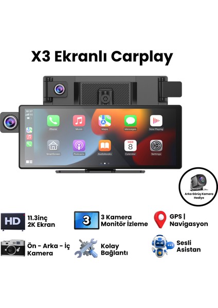 X3 Ekranlı Carplay Apple Android Uyumlu 10.3 Inç 2k Görüntü Arka/ön/iç Görüş Kameralı Araç Ekranı
