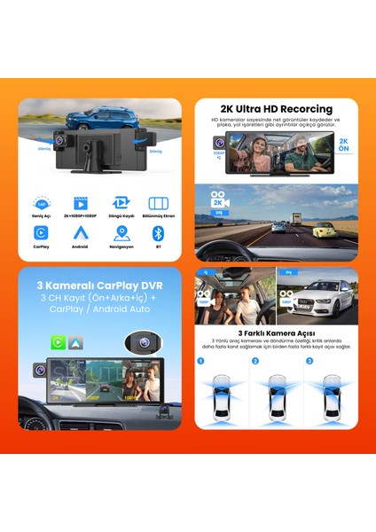 X3 Ekranlı Carplay Apple Android Uyumlu 10.3 Inç 2k Görüntü Arka/ön/iç Görüş Kameralı Araç Ekranı modelleri