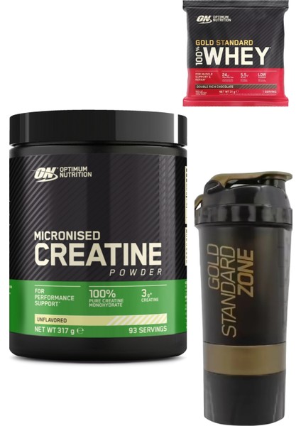 Creatine Kreatin Aromasız 317 g 93 Servis Kas gücü ve Performans Artışı Desteği - Optimum Shaker - Whey gold Standard Çikolata Aromalı Şase 31 g 1 Servis