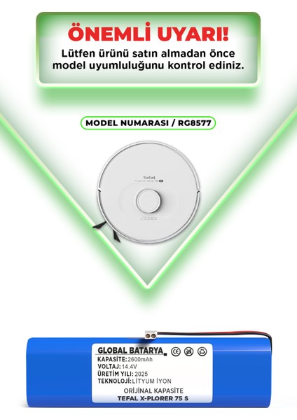Tefal X-Plorer 75 S Uyumlu Robot Süpürge Bataryası 14.4V 2600mAh Li-ion Pil (Orijinal Kapasite) indirimleri
