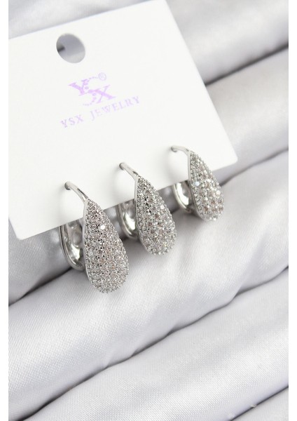 Bfs Pirinç Zirkon Taşlı 3'lü Damla Model Gümüş Renk Kadın Küpe