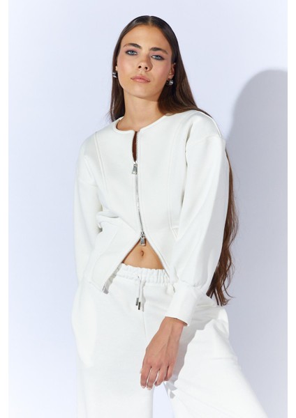 Kadın Ekru Kalın Ribana Detaylı Fermuarlı Üç Iplik Sweatshirt